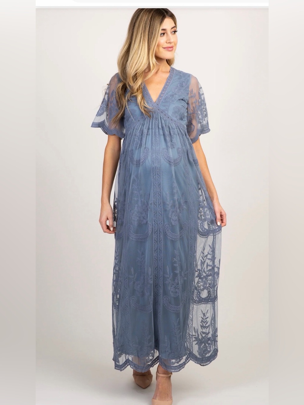 PinkBlush Blue Lace Mesh Overlay Maternity Maxi Dress